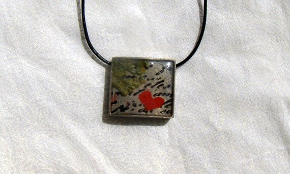 Wearable Art Square bezel Pendant with writing, babys breath, and heart
