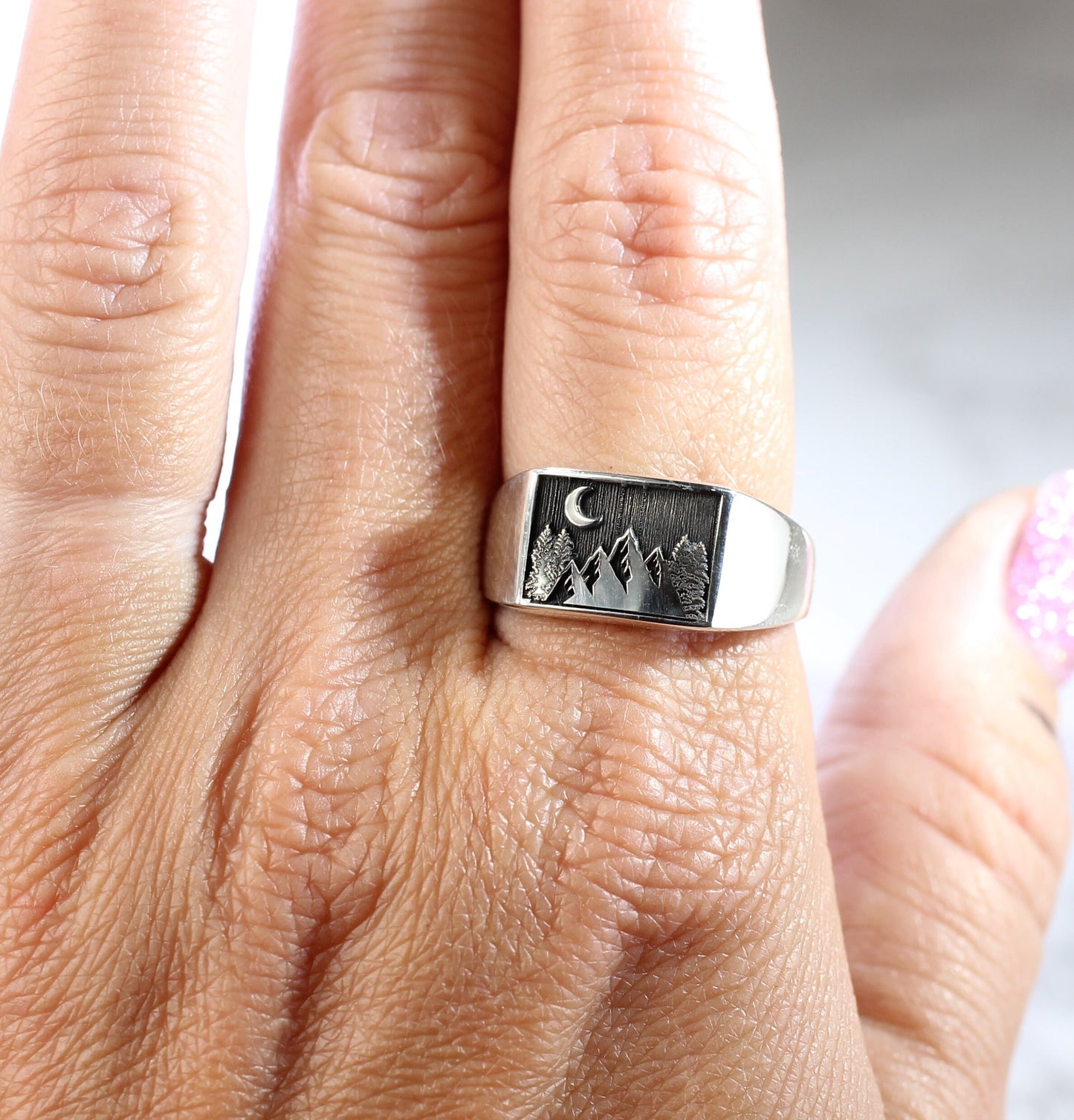 Sterling Silver Mountain Ring // Large Ring with Engraved Mountains and Crescent Moon // Men's Ring