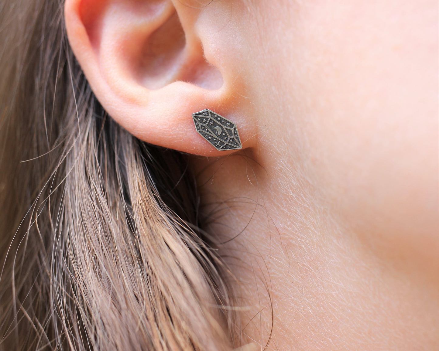 Sterling Silver Crystal Stud Earrings // Star Moon Gemstone Studs // Halloween Celestial Silver Earrings
