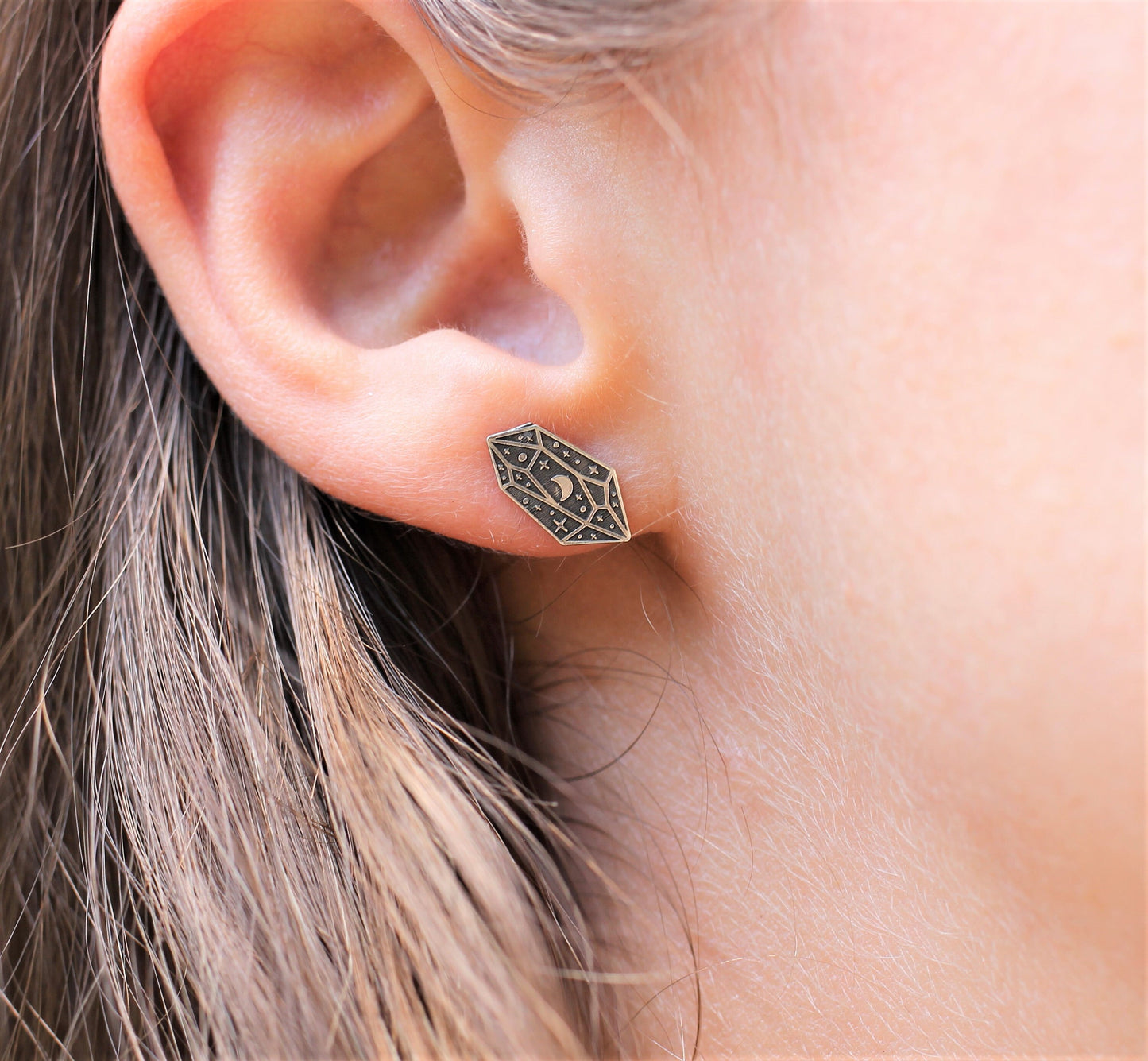 Sterling Silver Crystal Stud Earrings // Star Moon Gemstone Studs // Halloween Celestial Silver Earrings