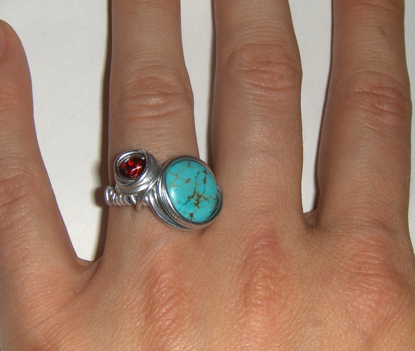 Turquoise and red bead wire wrapped ring - Turquoise and Silver Ring