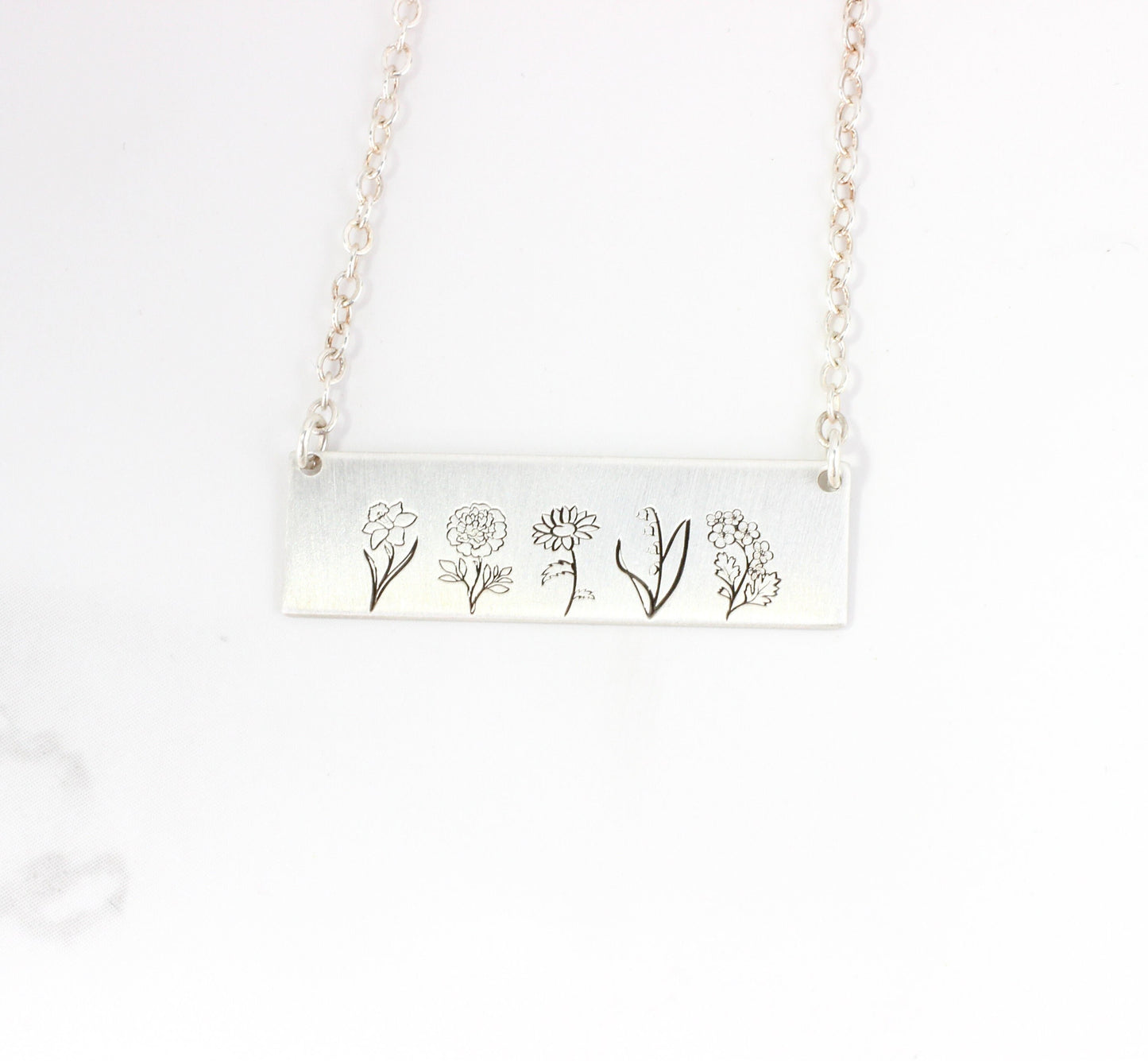 Sterling Silver Birth Flower Necklace // Gift for Her // Gift for Mom // Custom Engraved Bar Necklace // Best Friend Gift