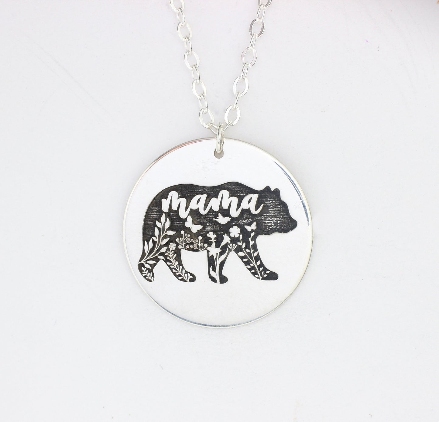 Mama Bear Necklace // Sterling Silver Mama Bear Necklace // Engraved Mother's Necklace Mother's Day Gift