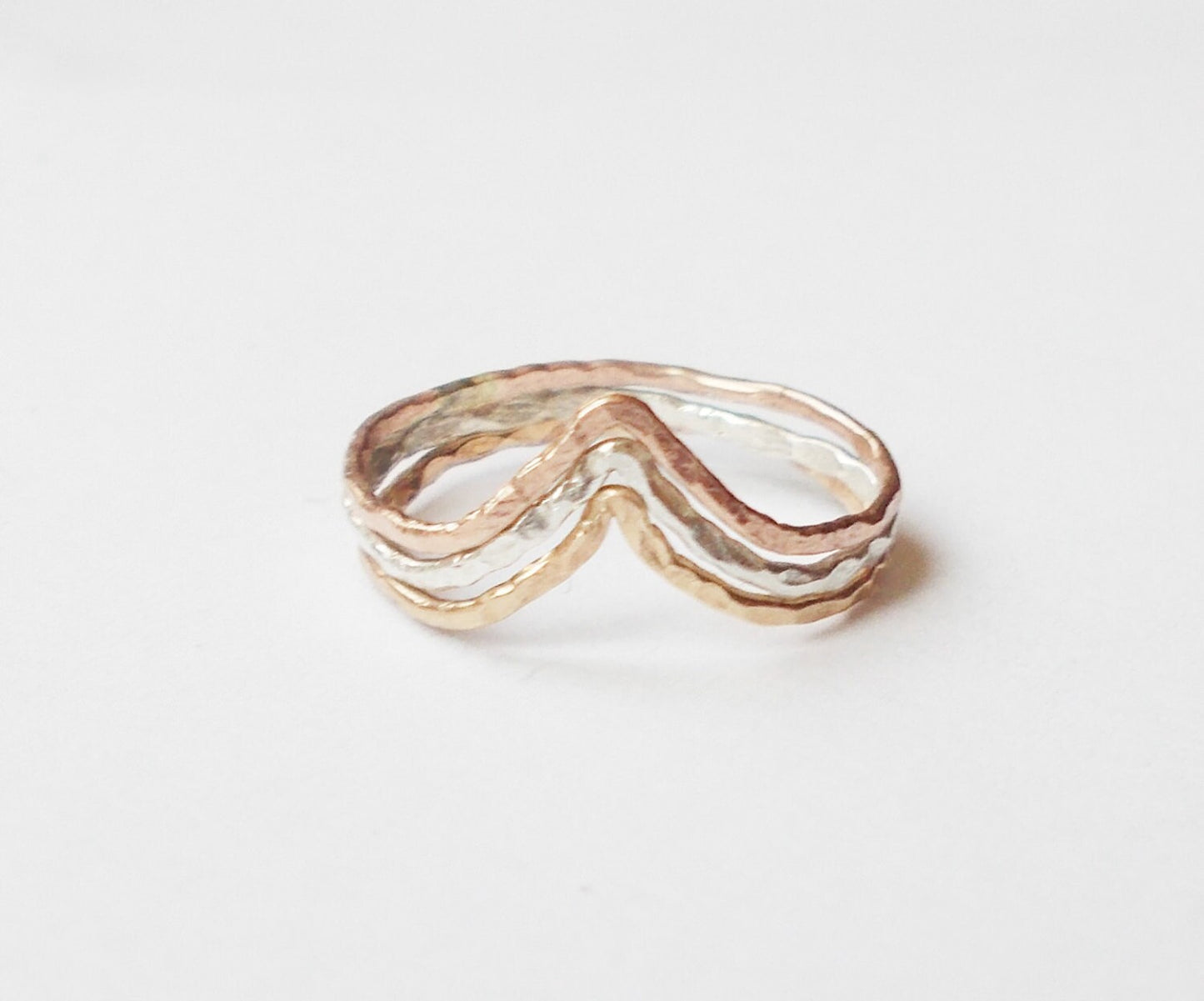 Tri Color Chevron Stacking Rings - Sterling Silver, Rose Gold Filled, and Gold Filled -  Three Tone Rings - Set of 3