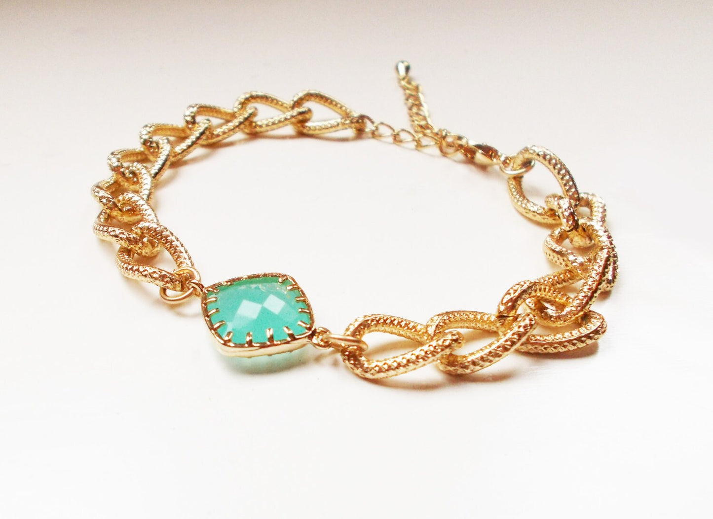 Chunky Mint Stone Bracelet - Gold Plated Stacking Bracelet - Gemstone Bracelet - Turquoise