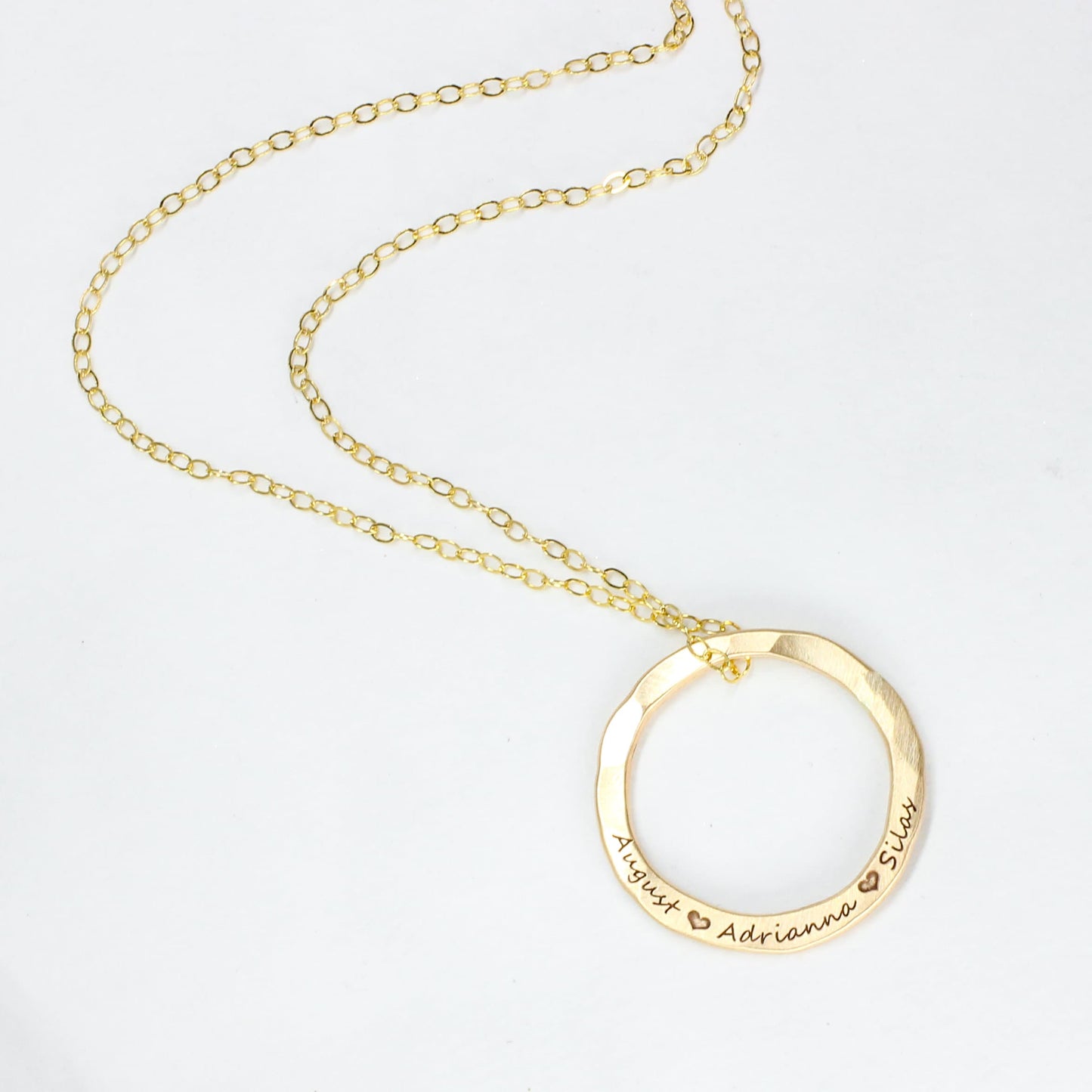 14k Gold Filled Hammered Circle Name Necklace | Custom Engraved Pendant | Handmade Personalized Jewelry