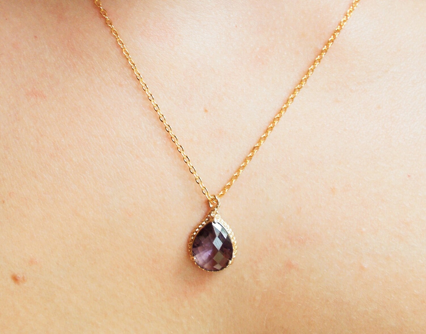 Amethyst Teardrop 16K Gold Plated Stacking Necklace - BridesMaid Gift - Gemstone Necklace - Amethyst Stone Necklace