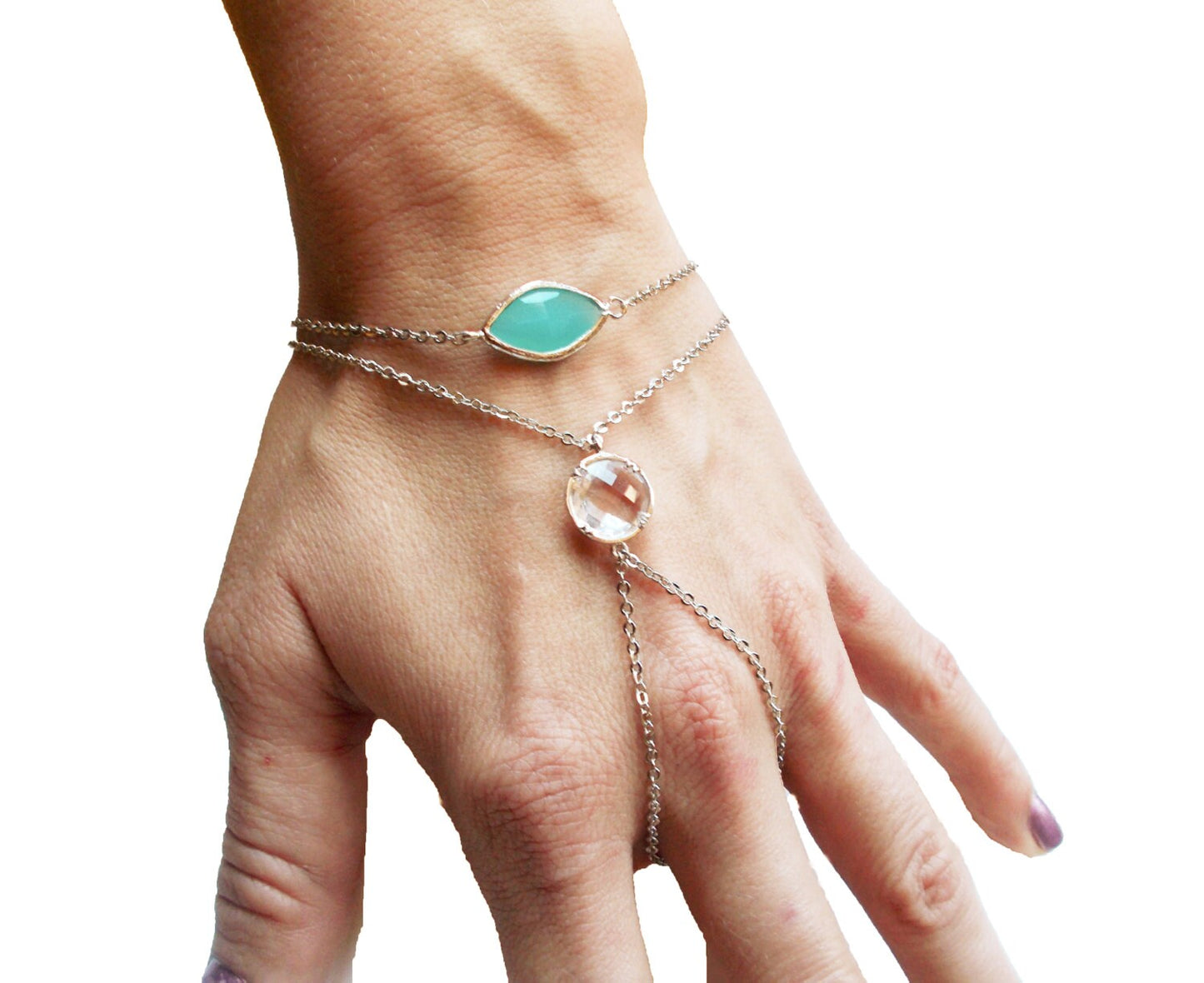 Silver Slave Bracelet with Mint and Clear Crystal Accent - Clear Stone Silver Hand Chain - Gemstone Slave bracelet - Hand Harness