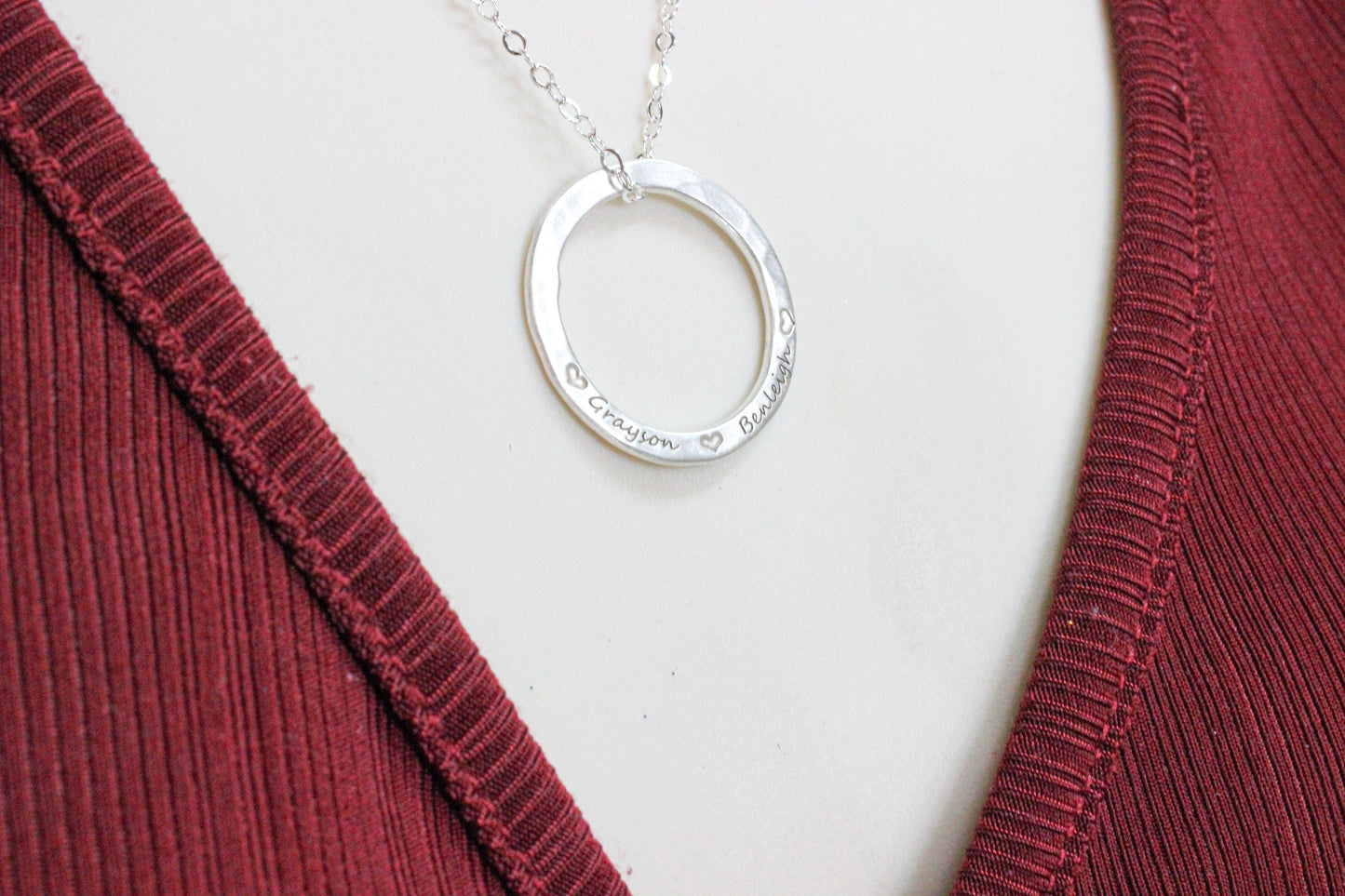 14K Gold Filled Hammered Circle Name Necklace | Custom Engraved Pendant Gift For Mom | Handmade Personalized Jewelry