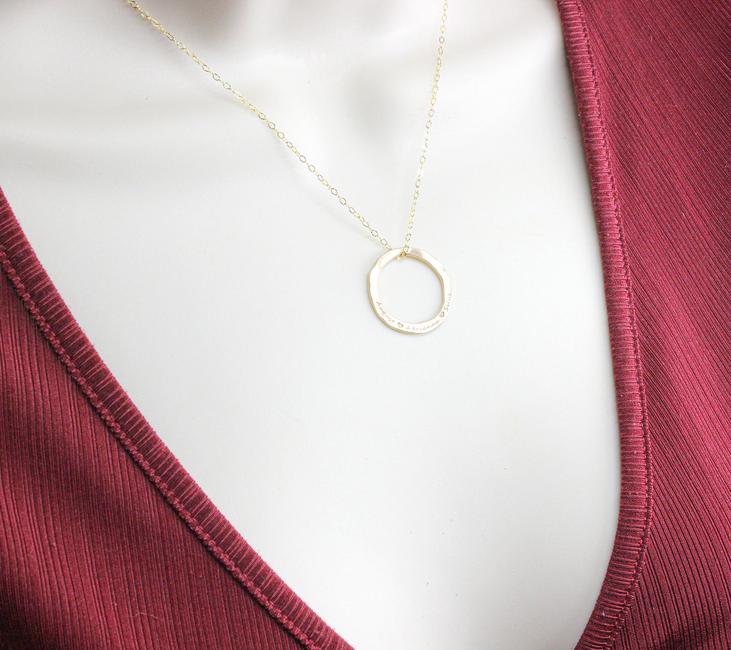 14k Gold Filled Hammered Circle Name Necklace | Custom Engraved Pendant | Handmade Personalized Jewelry