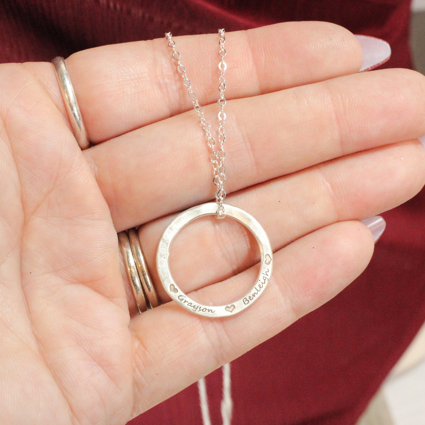 Custom Engraved Sterling Silver Hammered Circle Necklace