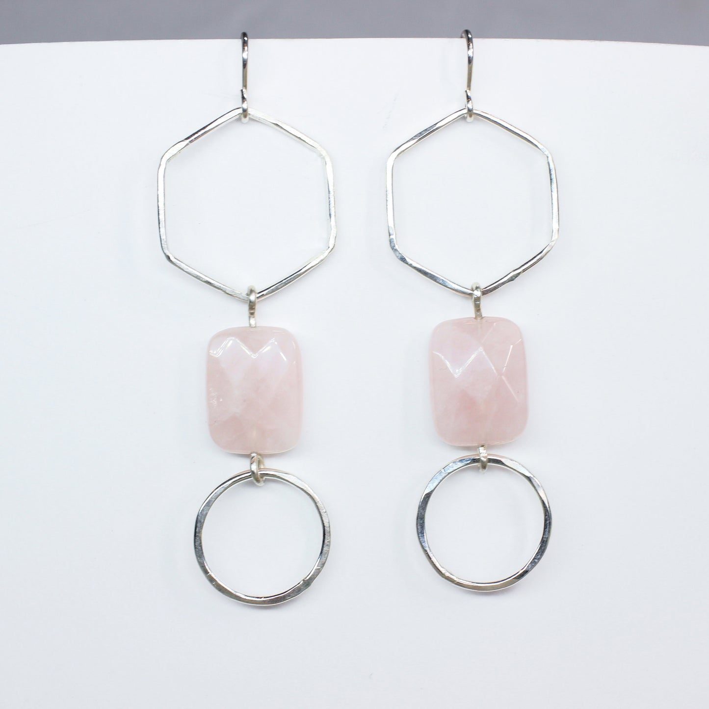 Rose Gold Rose Quartz Earrings // Long Geometric Minimalist Dangle Earrings Waterproof and Hypoallergenic // Hexagon Statement Pink Earrings
