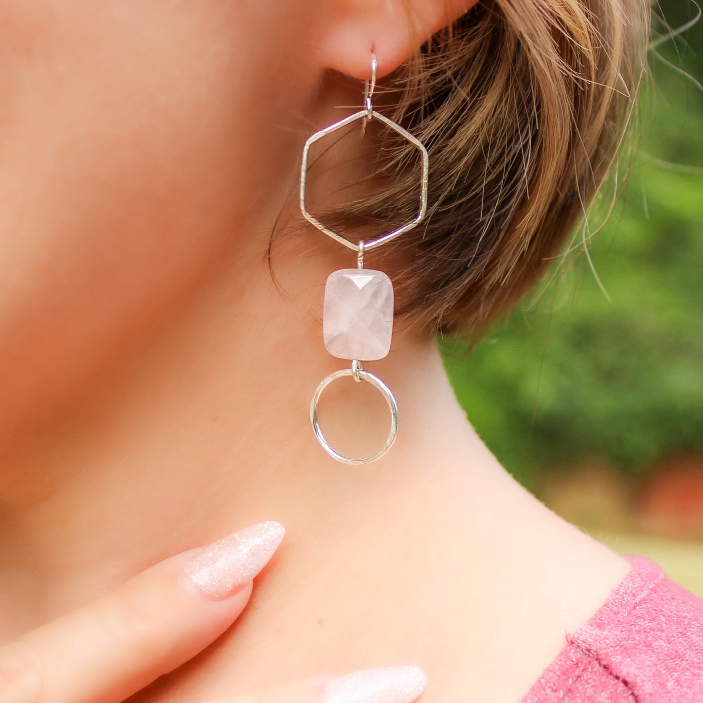 Sterling Silver Rose Quartz Statement Earrings // Long Geometric Minimalist Dangle Earrings Waterproof and Hypoallergenic
