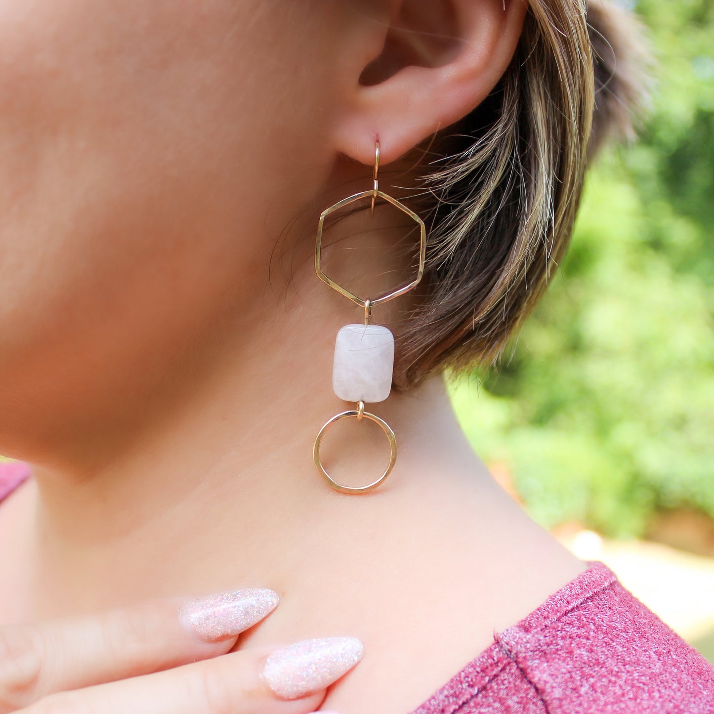 Rose Gold Rose Quartz Earrings // Long Geometric Minimalist Dangle Earrings Waterproof and Hypoallergenic // Hexagon Statement Pink Earrings