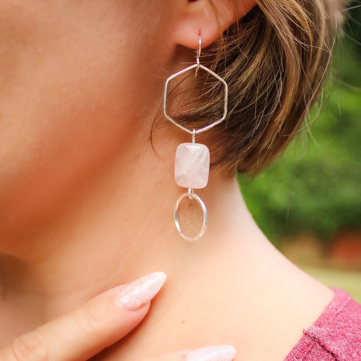 Gold Rose Quartz Earrings // Long Geometric Minimalist Dangle Earrings Waterproof and Hypoallergenic // Hexagon Statement Pink Earrings