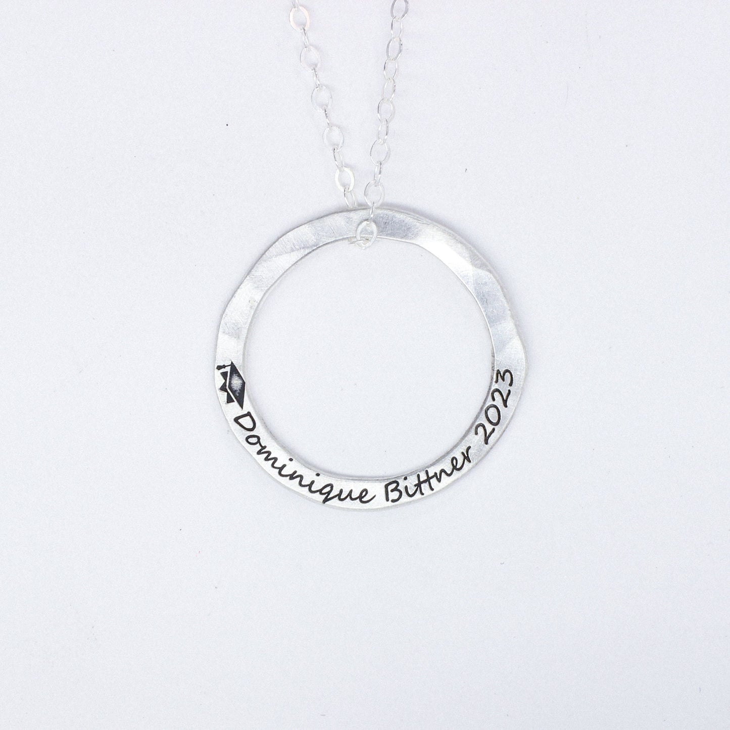 Sterling Silver Hammered Circle Graduation Necklace | Custom Engraved Mom Necklace Pendant with Name | Handmade Personalized Jewelry