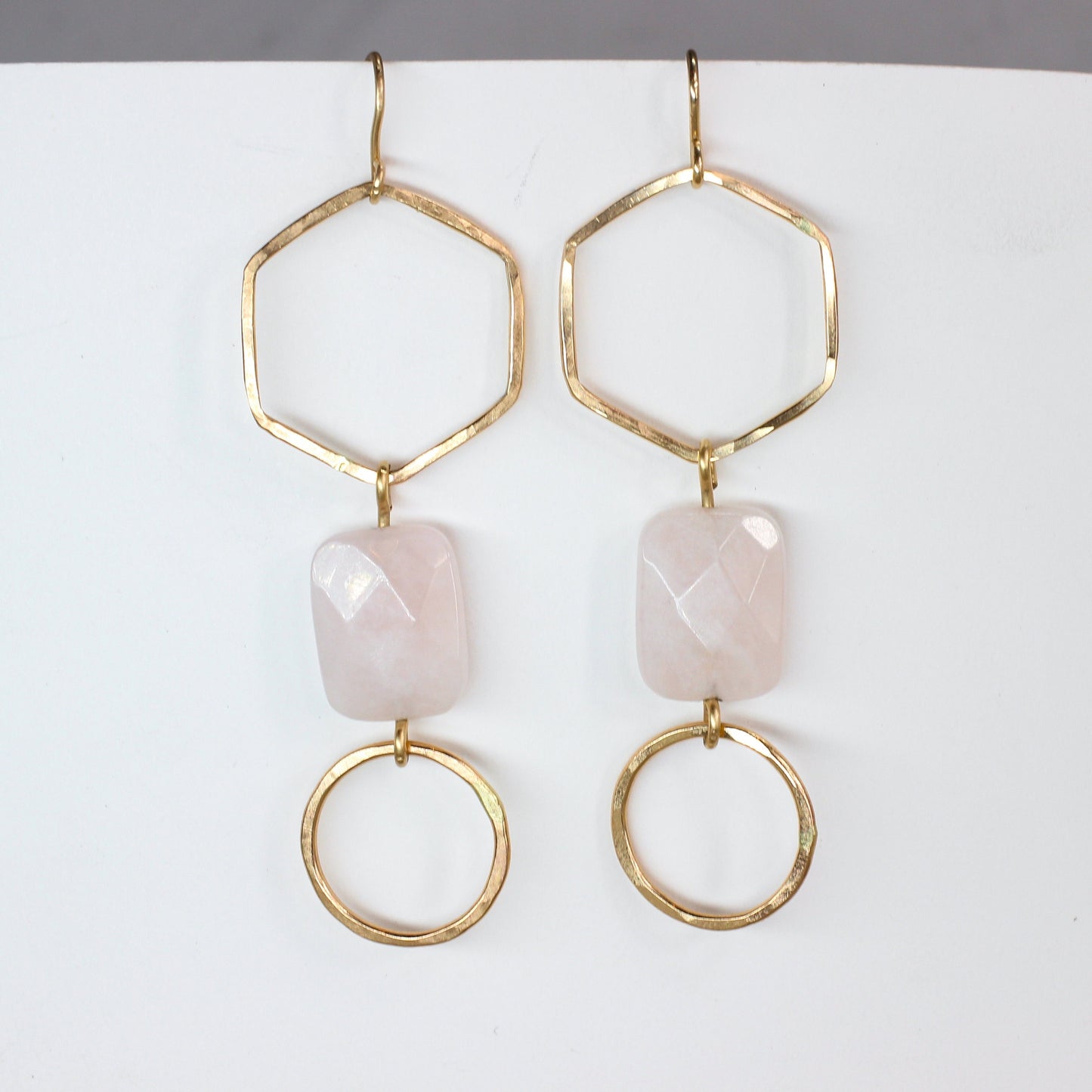 Gold Rose Quartz Earrings // Long Geometric Minimalist Dangle Earrings Waterproof and Hypoallergenic // Hexagon Statement Pink Earrings