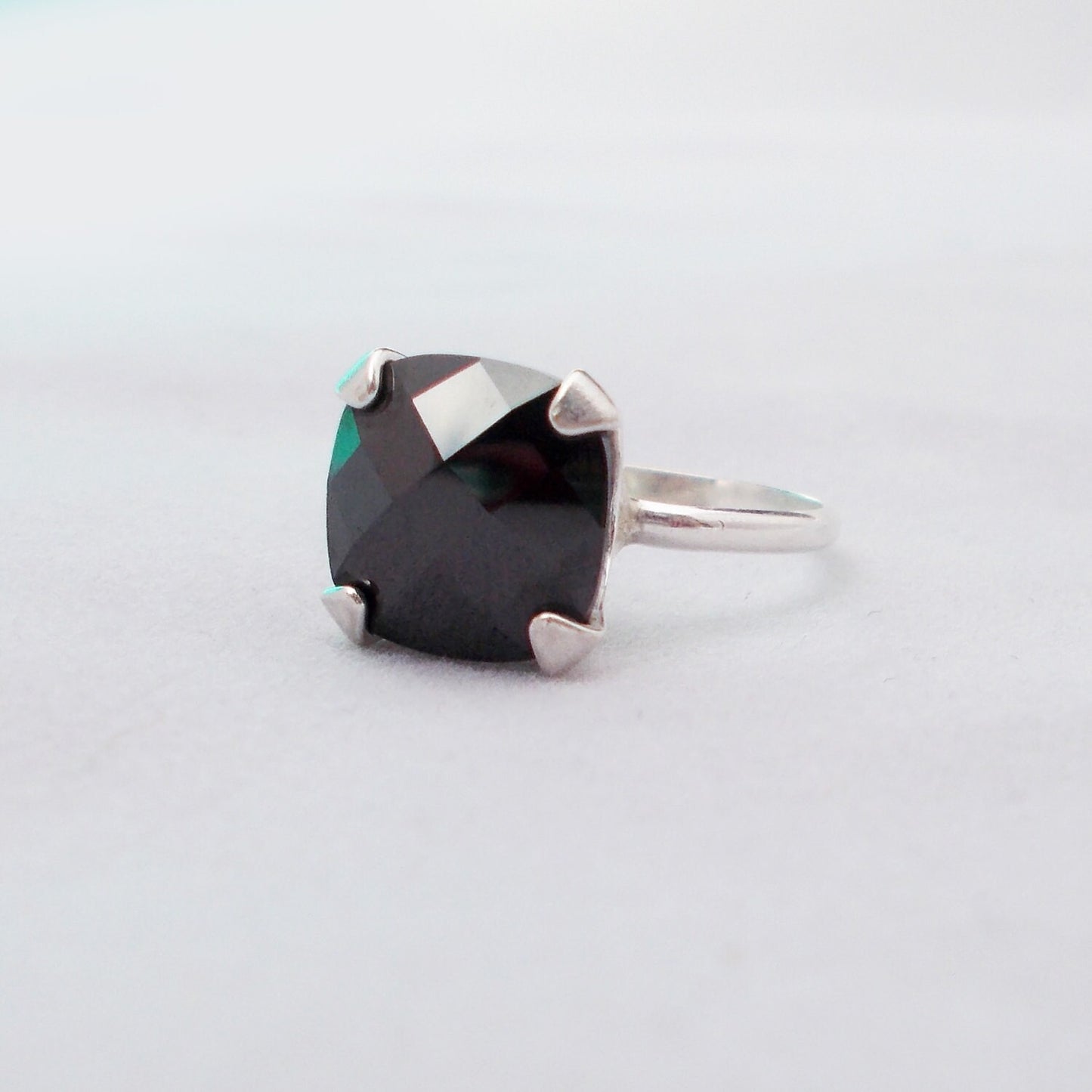 Sterling Silver and Black Ring - Cushion Cut CZ - Sterling Silver Filled Ring