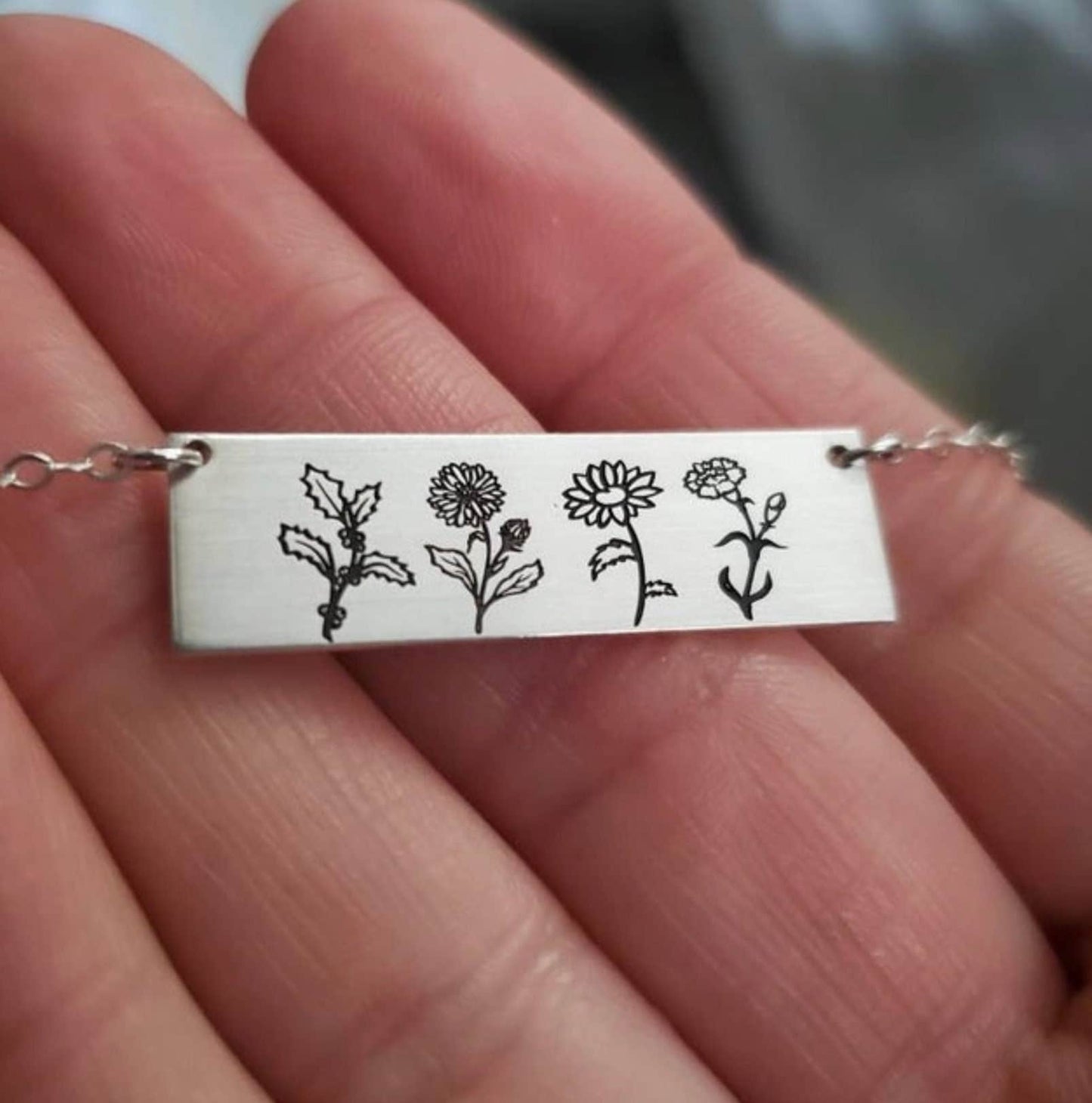 Sterling Silver Birth Flower Necklace // Gift for Her // Gift for Mom // Custom Engraved Bar Necklace // Best Friend Gift