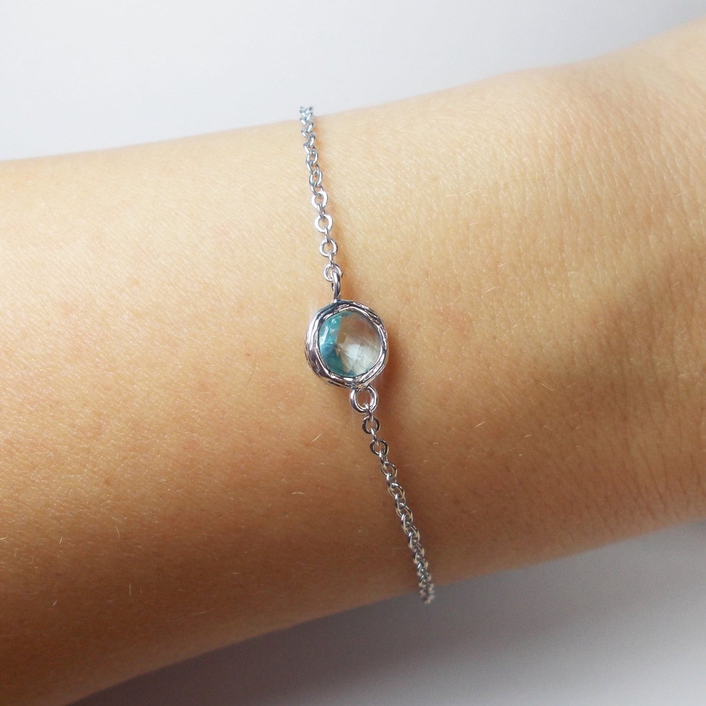 Mini Pop of Color Silver and Aquamarine Glass Connector Stacking Bracelet - BridesMaid Gift - GemStone Bracelet - March Birthstone