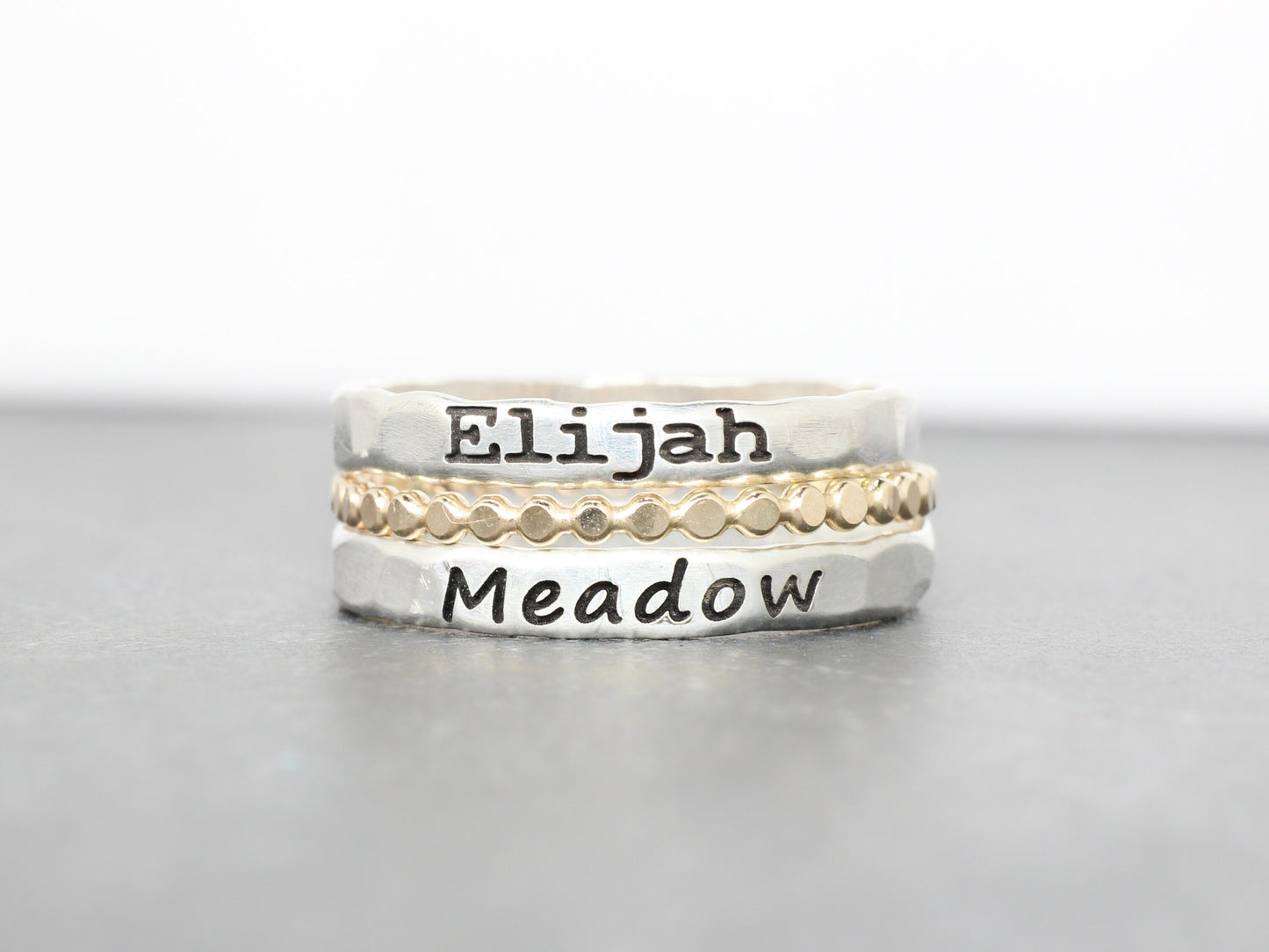 Sterling Silver Name Ring Set of 3 // 2 Name Rings and a Dot Spacer Ring //  Personalized Ring - Custom Stacking Ring - Engraved Ring