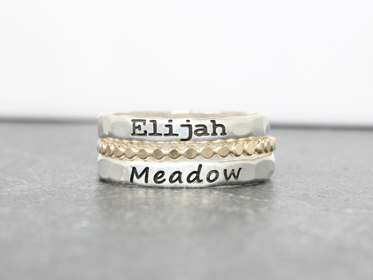 Sterling Silver Name Ring Set of 3 // 2 Name Rings and a Dot Spacer Ring //  Personalized Ring - Custom Stacking Ring - Engraved Ring