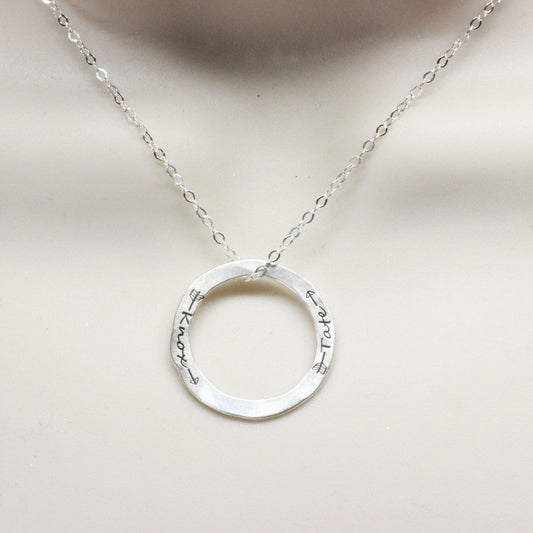 Custom Engraved Sterling Silver Hammered Circle Necklace