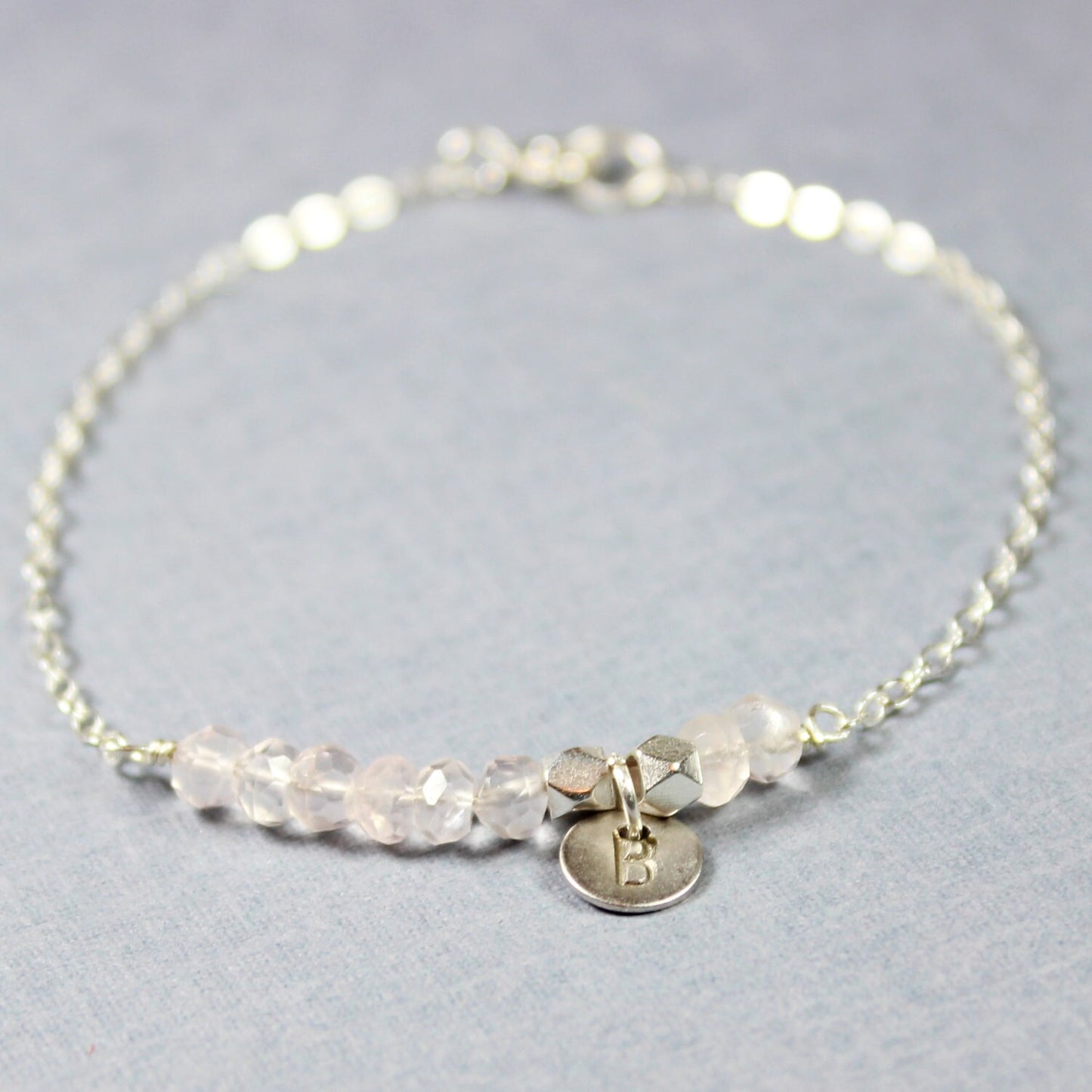 Rose Quartz and Silver Bracelet - Minimalist Jewelry - Pink and Silver Bracelet Silver Initial- Silver Letter Personalized Bracelet
