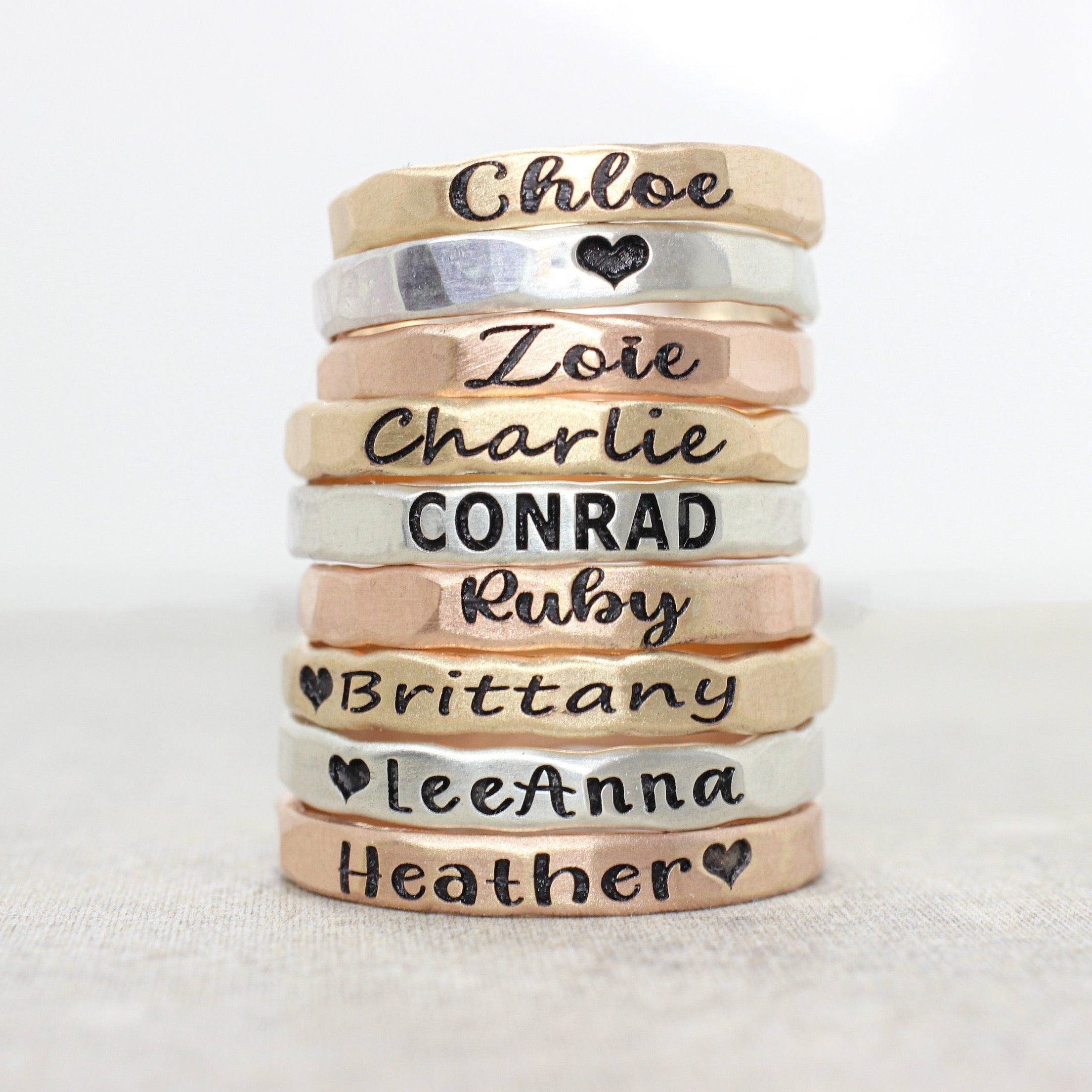 Stackable Engraved Rings Sterling Silver Gold or Rose Gold Hammer LyndyLouDesigns