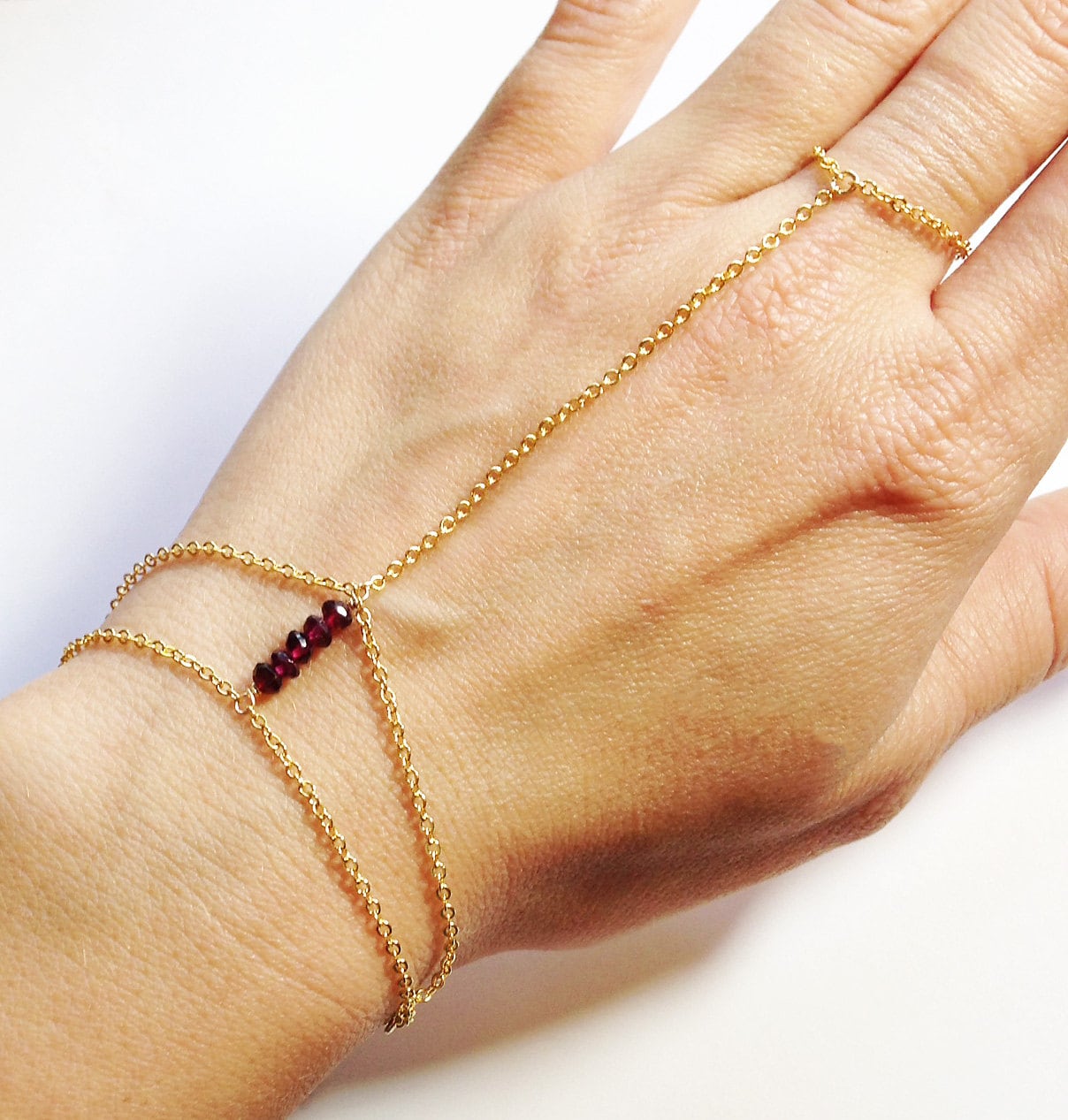 Garnet Hand Chain - Garnet Slave Bracelet - Garnet and Gold Slave Bracelet