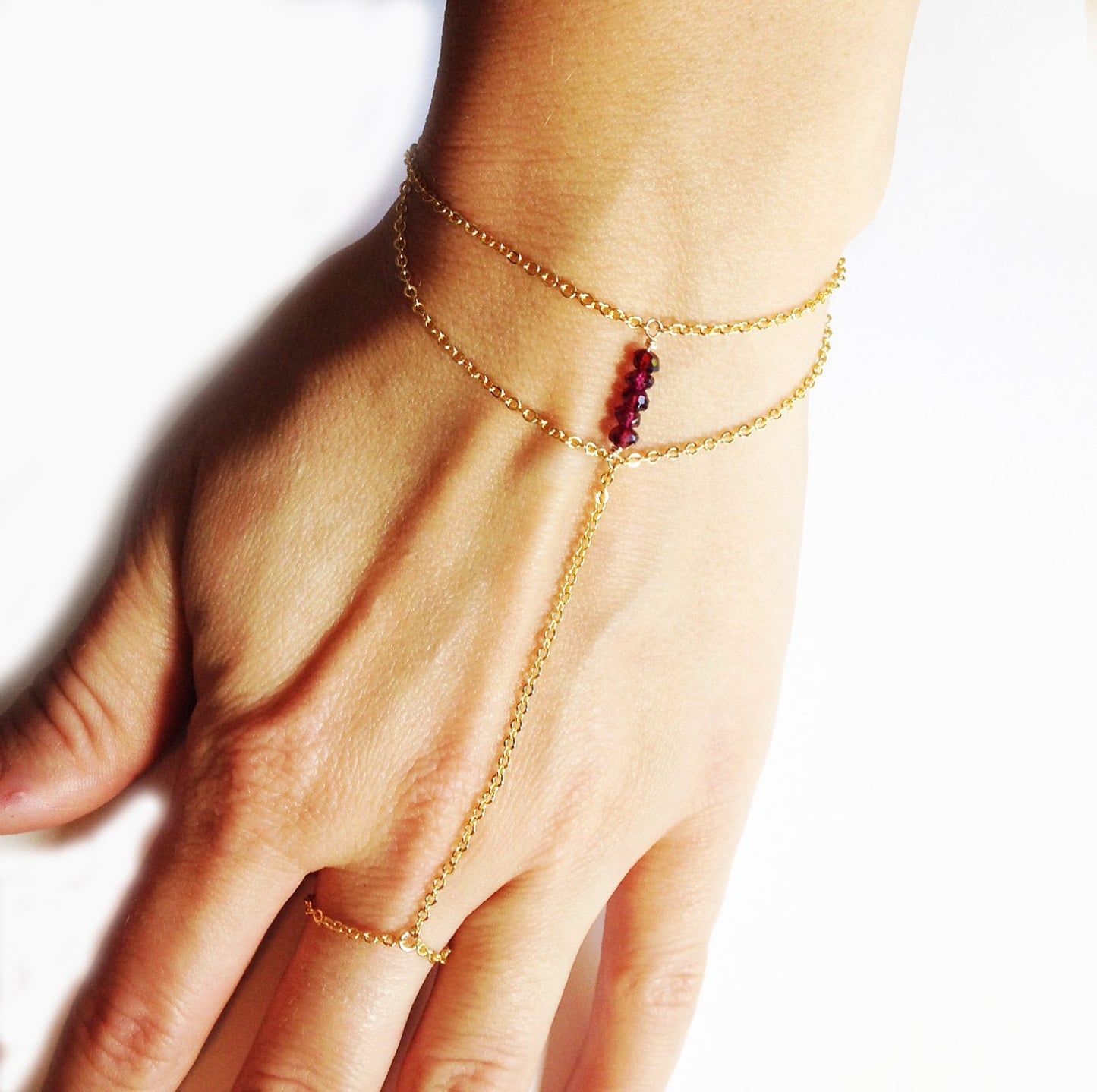 Garnet Hand Chain - Garnet Slave Bracelet - Garnet and Gold Slave Bracelet