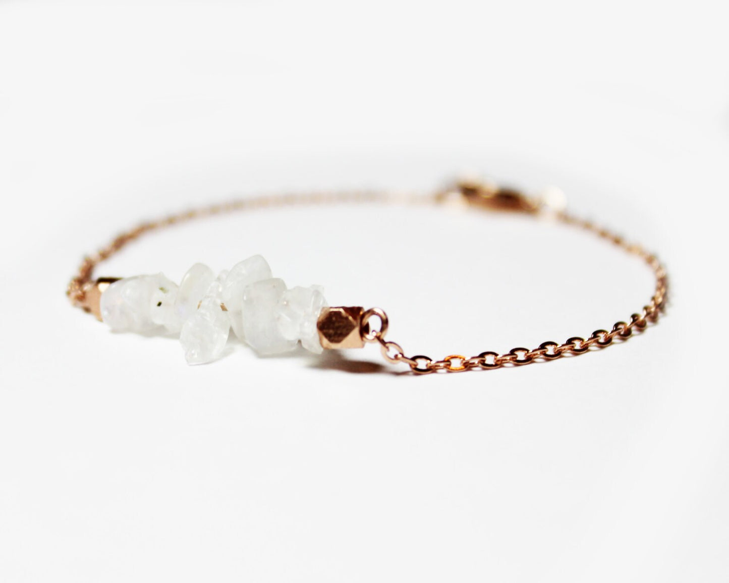 Rose Gold Moonstone Chip Bead Bracelet - Minimalist Jewelry - Birthstone Bead Bar Bracelet - Rose Gold Jewelry