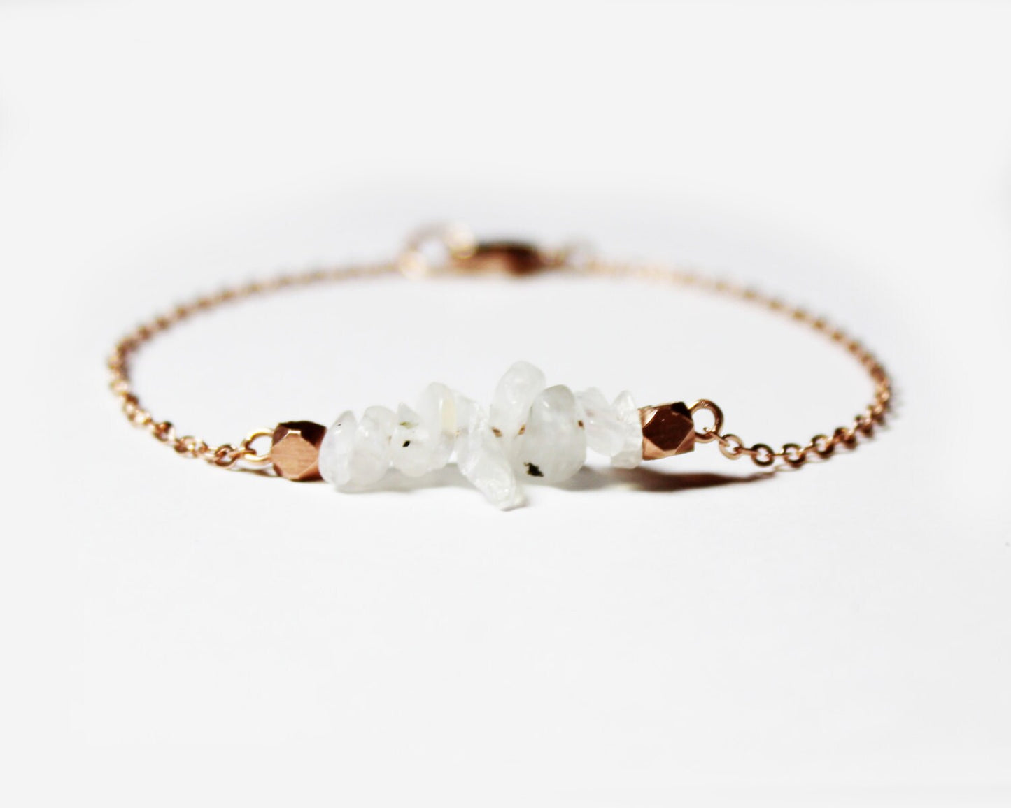 Rose Gold Moonstone Chip Bead Bracelet - Minimalist Jewelry - Birthstone Bead Bar Bracelet - Rose Gold Jewelry