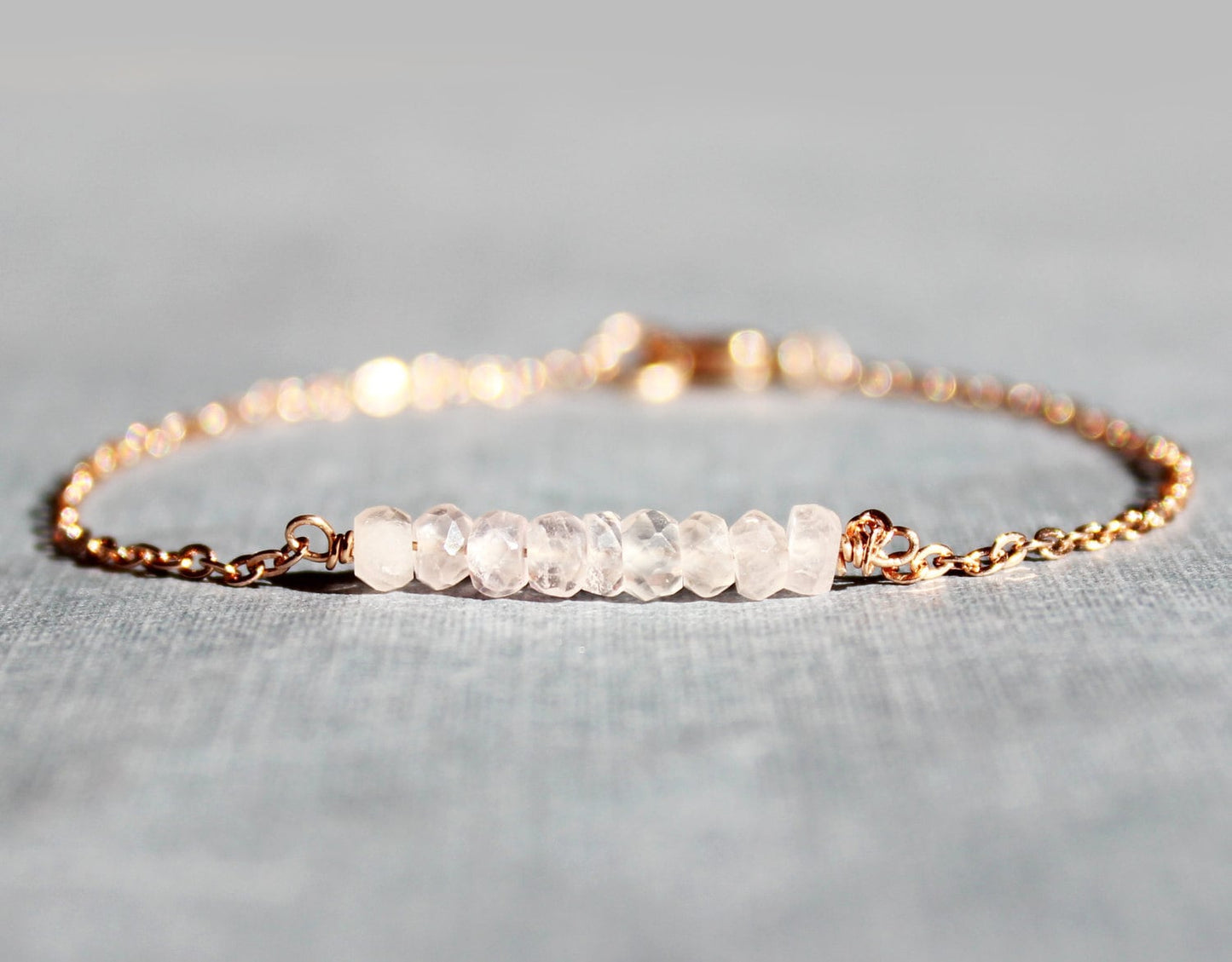 Rose Quartz and Rose Gold Bracelet - Minimalist Jewelry - Pink and Rose Gold Bracelet - Birthstone Bead Bar Bracelet