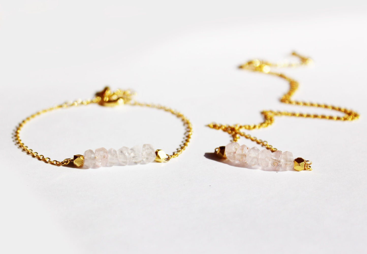 Gold Rose Quartz Bracelet and Necklace Gift Set - Minimalist Jewelry - Pink and Gold Bracelet and Necklace