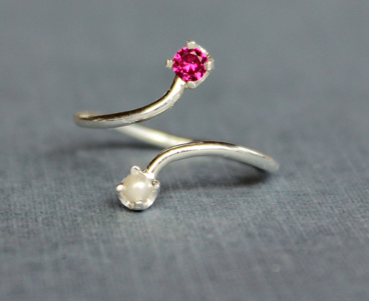 Dual Birthstone Ring - Ruby and Swarovski Pearl Ring - Sterling Silver Ring -Double Birthstone Ring - Ruby and Pearl