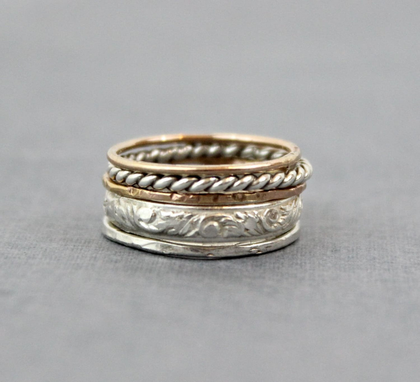 Set of 5 Thick Stacking Rings - Sterling Silver, and 14K Rose Gold Filled - Mixed Metals