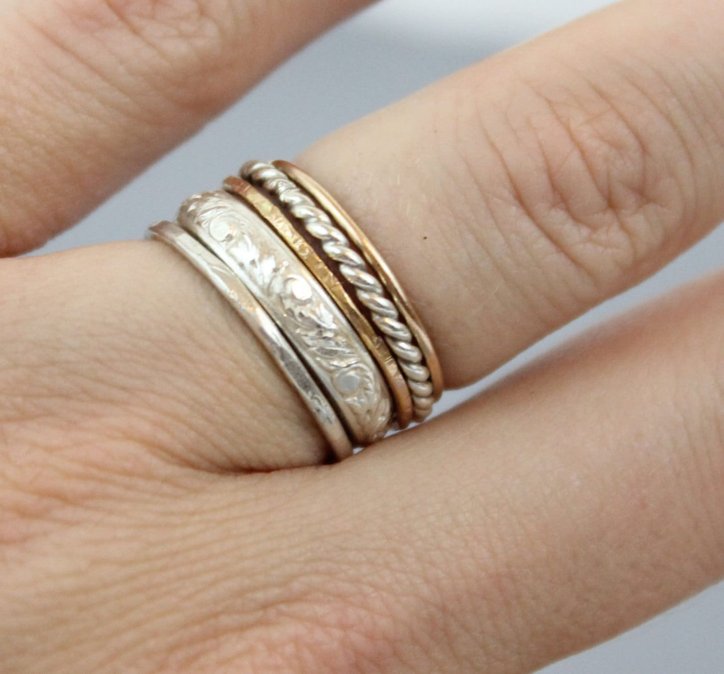 Set of 5 Thick Stacking Rings - Sterling Silver, and 14K Rose Gold Filled - Mixed Metals
