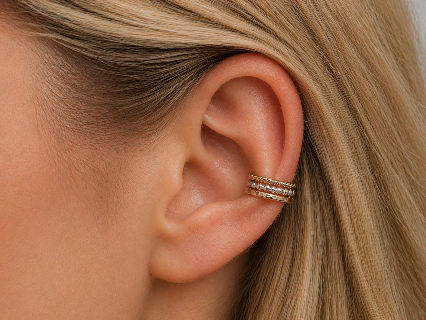 Set of 3 Mixed Metal Ear Cuffs • Sterling Silver, 14K Gold Filled Conch
