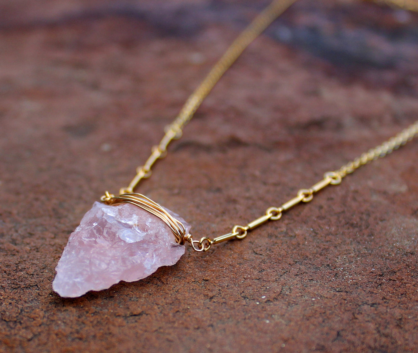 Genuine Rose Quartz Arrowhead Necklace  - Gold and Rose Quartz Boho Arrowhead Stacking Necklace