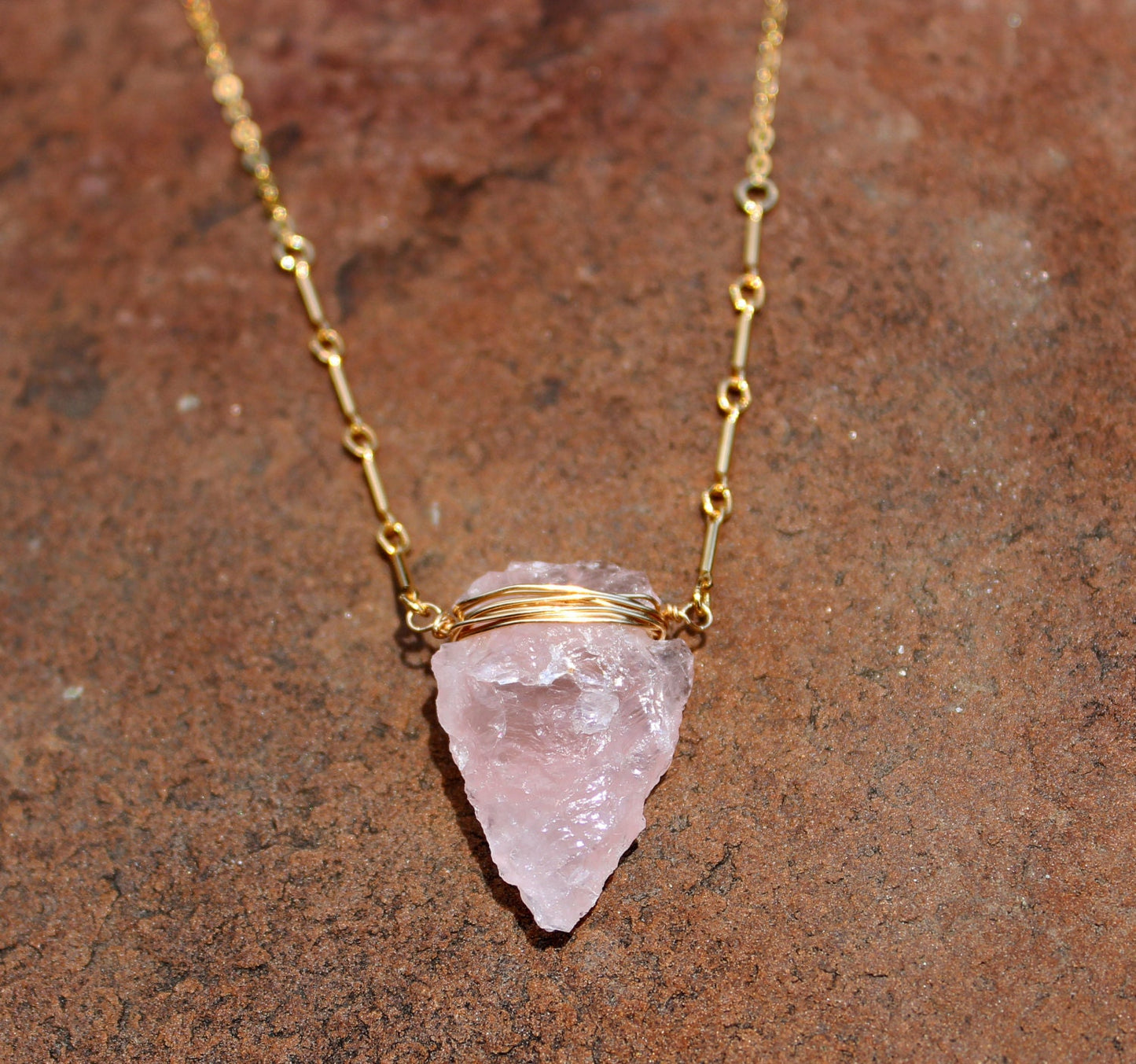 Genuine Rose Quartz Arrowhead Necklace  - Gold and Rose Quartz Boho Arrowhead Stacking Necklace