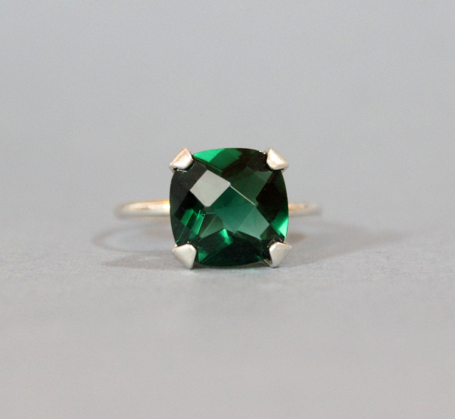 Sterling Silver and Emerald Cubic Zirconia Ring - Cushion Cut CZ - .925 Sterling Silver Ring