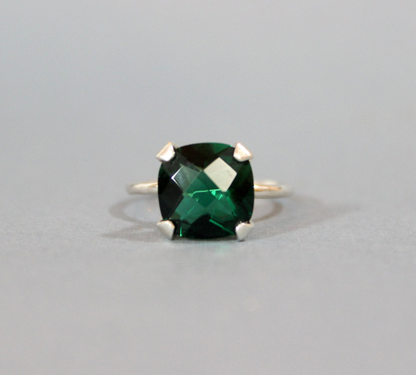Sterling Silver and Emerald Cubic Zirconia Ring - Cushion Cut CZ - .925 Sterling Silver Ring