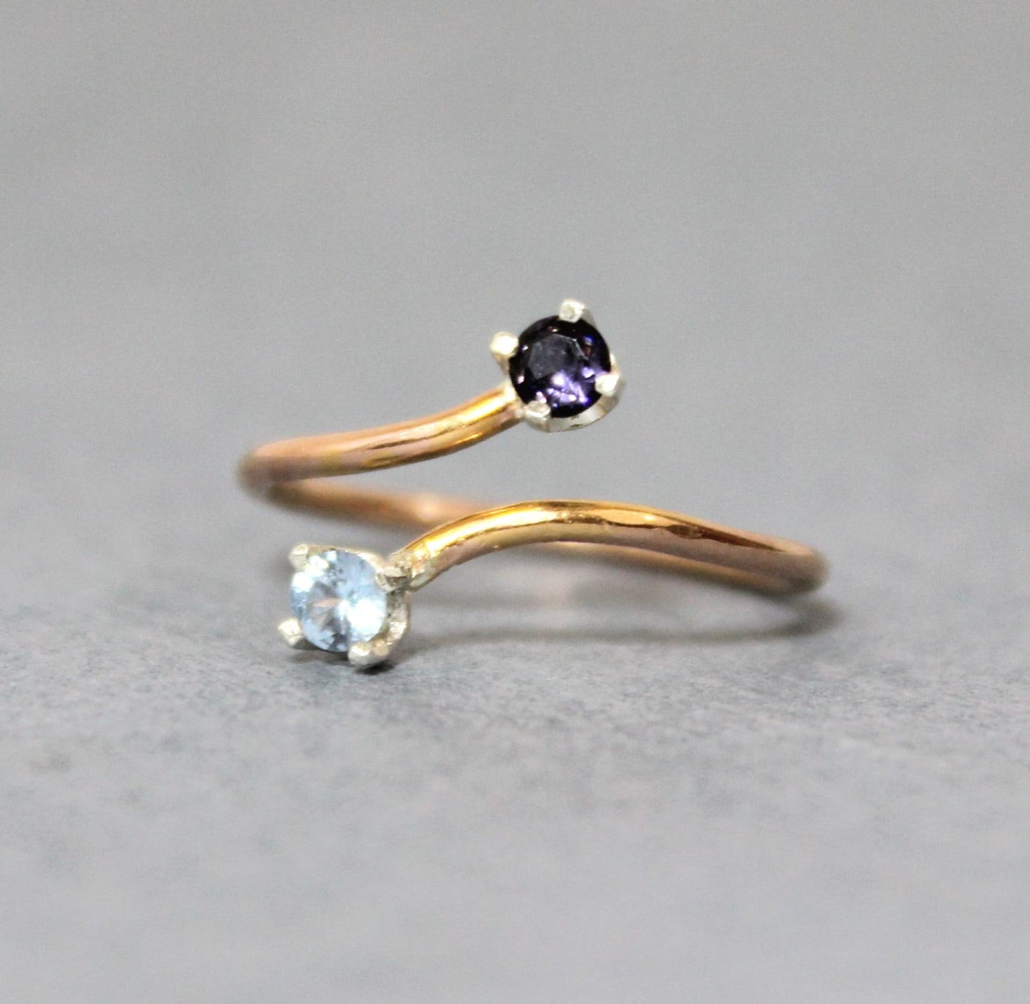 Personalized Dual Birthstone Ring - Amethyst and Aquamarine Cubic Zirconia Ring - 14K Rose Gold Filled Ring -Double Birthstone Ring