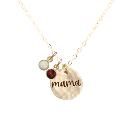 Engraved Hammered Disc Necklace with Birthstone Charms