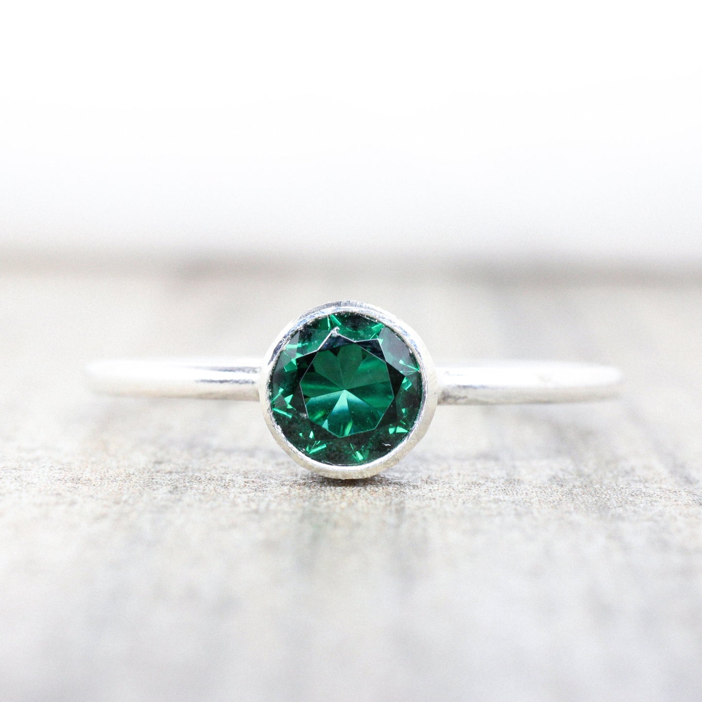 Lab Emerald Stacking Ring in Sterling Silver// 5mm Faceted Gemstone May Birthstone