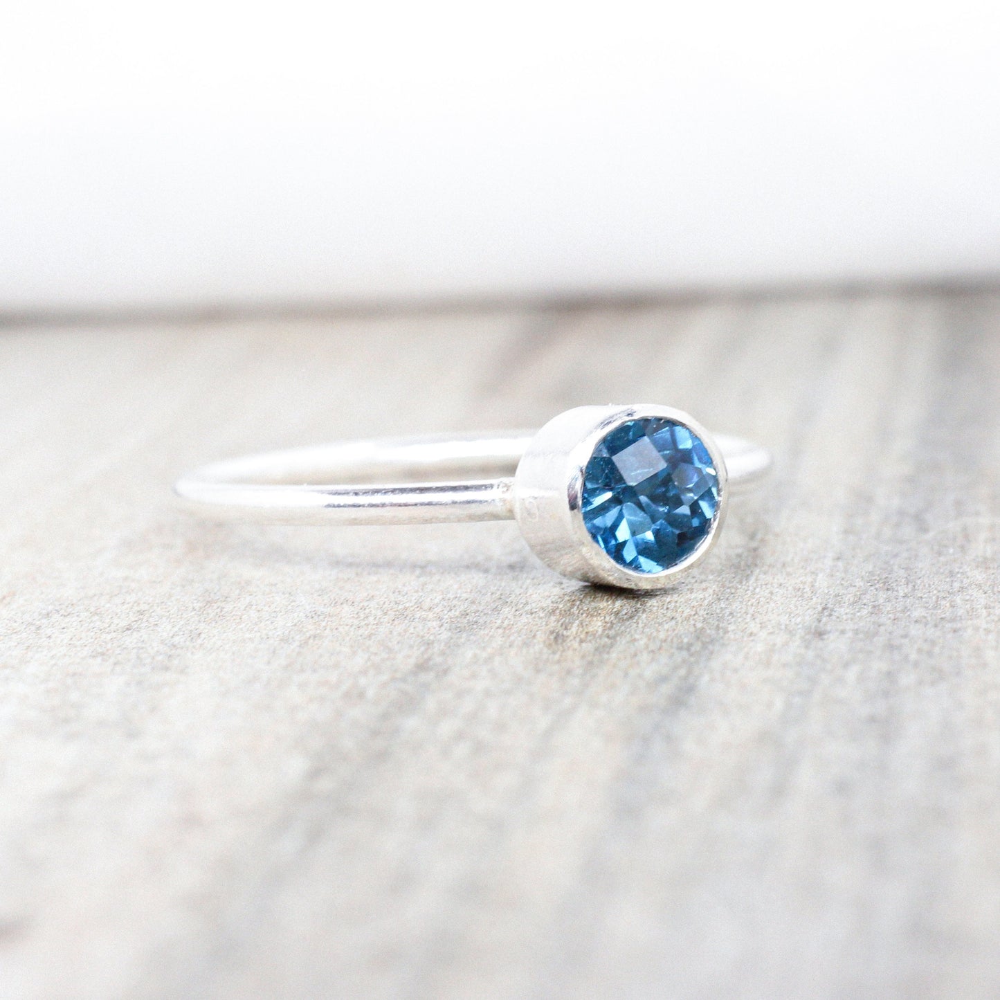 London Blue Topaz Ring in Sterling Silver // 5mm Faceted Gemstone December Birthstone