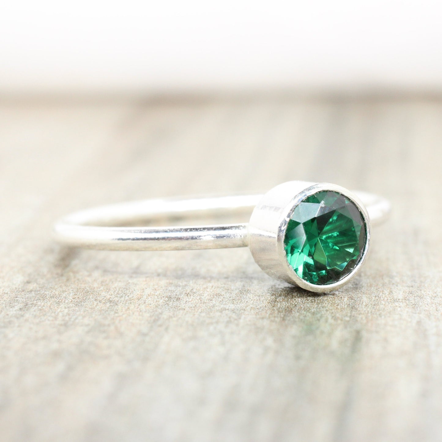 Lab Emerald Stacking Ring in Sterling Silver// 5mm Faceted Gemstone May Birthstone