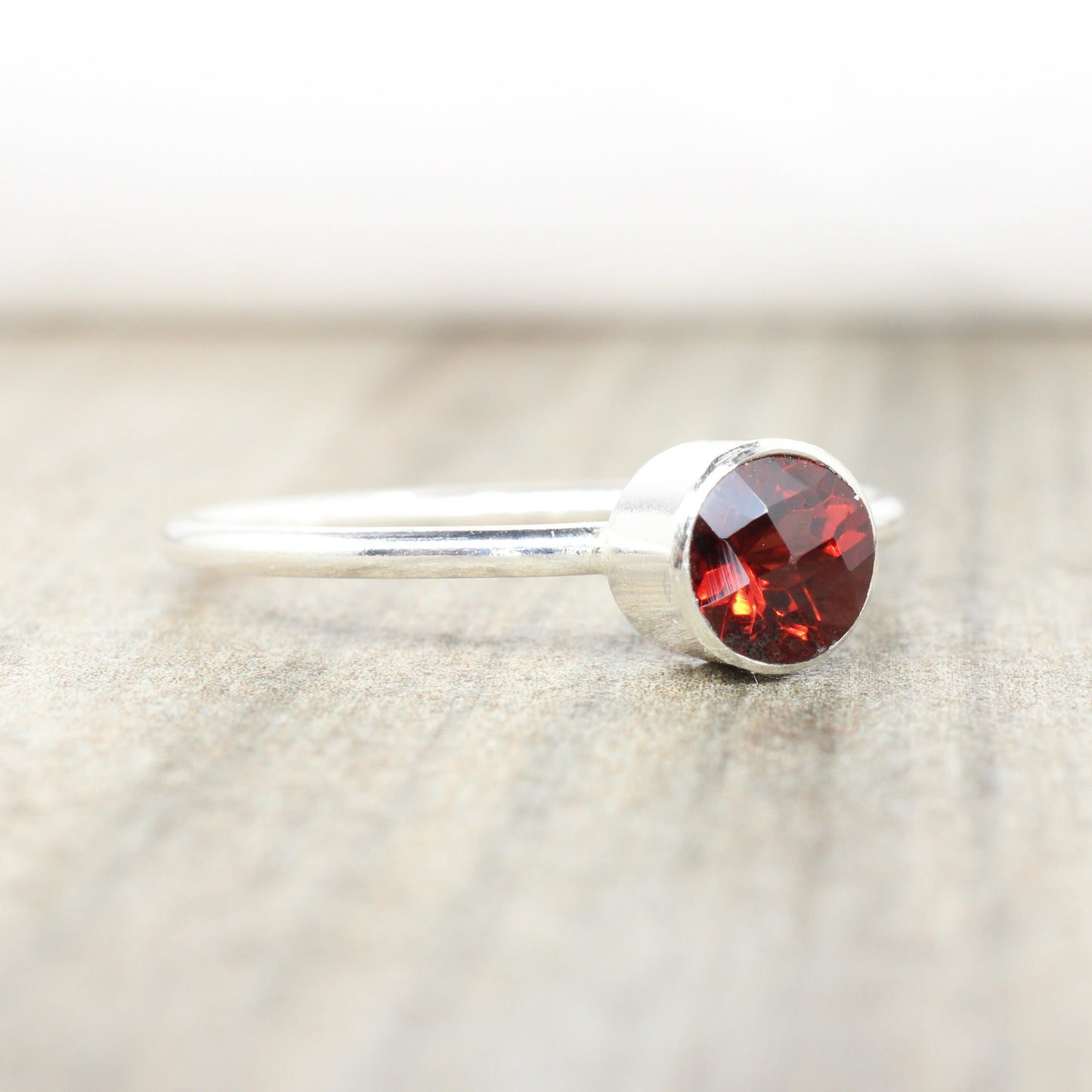 Sterling Silver Garnet Stacking Ring // 5mm Faceted Gemstone January Birthstone Stackable Ring