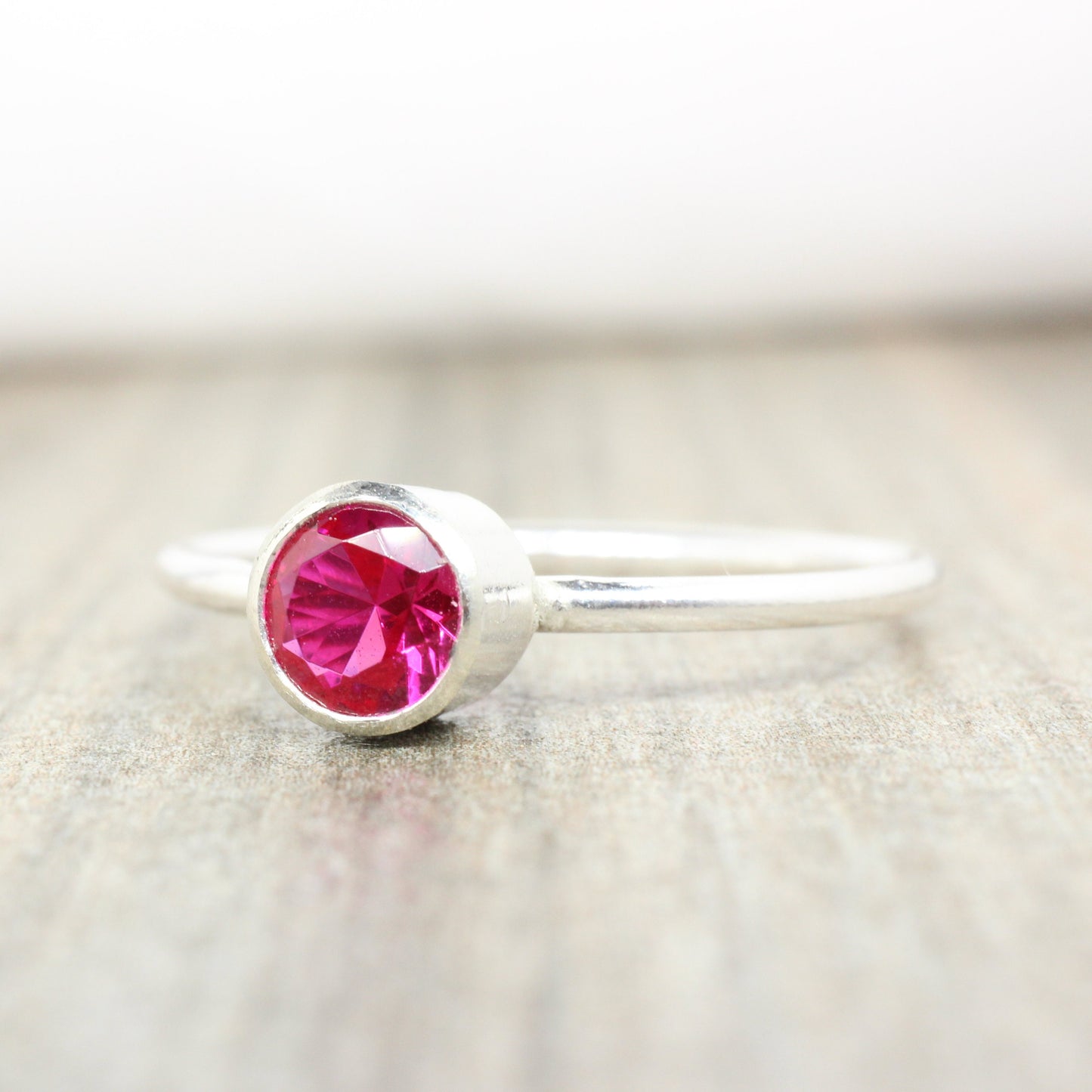 Sterling Silver Lab Ruby Stacking Ring // 5mm Faceted Gemstone July Birthstone Stackable Ring
